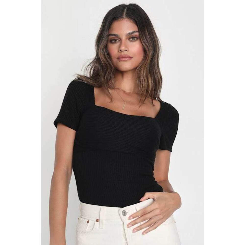 Lulus Quintessential Muse Black Ribbed Short Sleeve Top - Size S